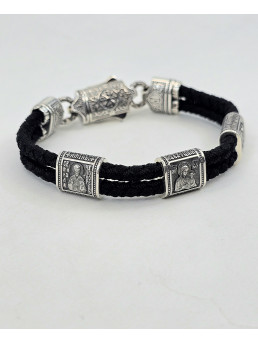 Двойной шелковый браслет с серебряными вставками артикул 471.33/1ч с ликами святых " Николай Чудотворец " " Матерь Божья " " Архангел Михаил " 