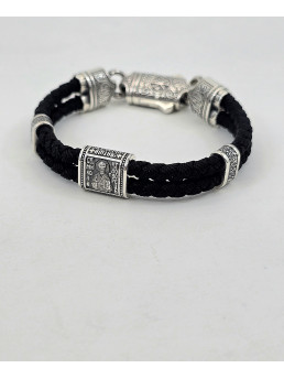 Двойной шелковый браслет с серебряными вставками артикул 471.33/2ч " Николай Чудотворец "