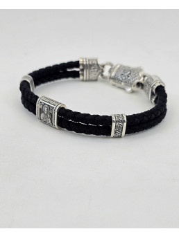 Двойной шелковый браслет с серебряными вставками артикул 471.33/7ч " Матерь Божья "