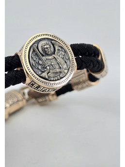 Двойной, двухсторонний шелковый браслет с золотыми вставками  585° Арт. 482з.32/27ч с ликами святых  " Архангел Михаил " 