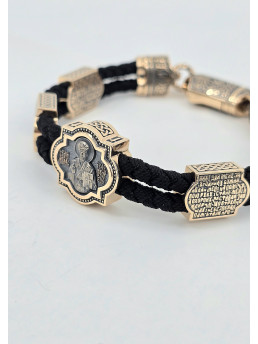 Двойной, двухсторонний шелковый браслет с золотыми вставками Арт. 482з.32/28ч " Николай Чудотворец "