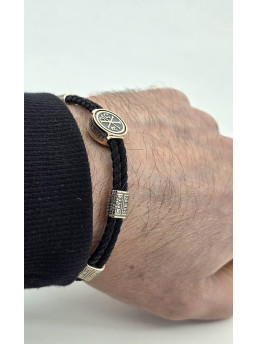 Двойной, двухсторонний шелковый браслет с золотыми вставками  585° Арт. 482з.32/31ч с ликами святых  " Архангел Михаил " 