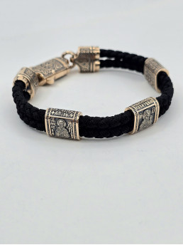 Двойной, двухсторонний шелковый браслет с золотыми вставками Арт. 482з.32/30ч с ликами святых " Николай Чудотворец " " Матерь Божья " " Архангел Михаил " 