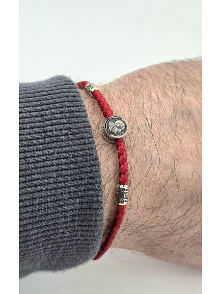 Шелковый браслет с золотыми вставками мужской женский с образом "Матерь Божья" артикул 482з_32_19к Купить оптом и в розницу