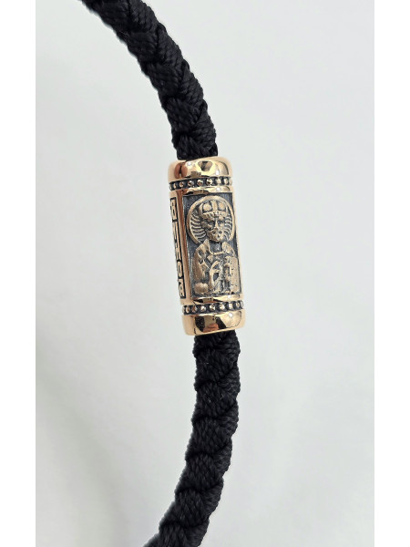 Шелковый браслет с золотыми вставками мужской женский с образом "Николая Чудотворца" артикул  482з_32_24ч Купить оптом и в розницу